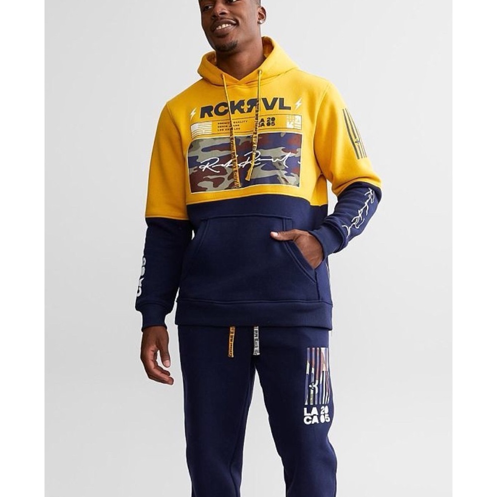 Rock Revival Yellow Navy Blue Logo Pullover Hoodie Side Zip Mens XL